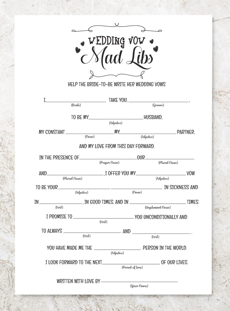 Wedding Mad Libs, Wedding Vow Mad Libs , Wedding Libs , Mad Libs ...