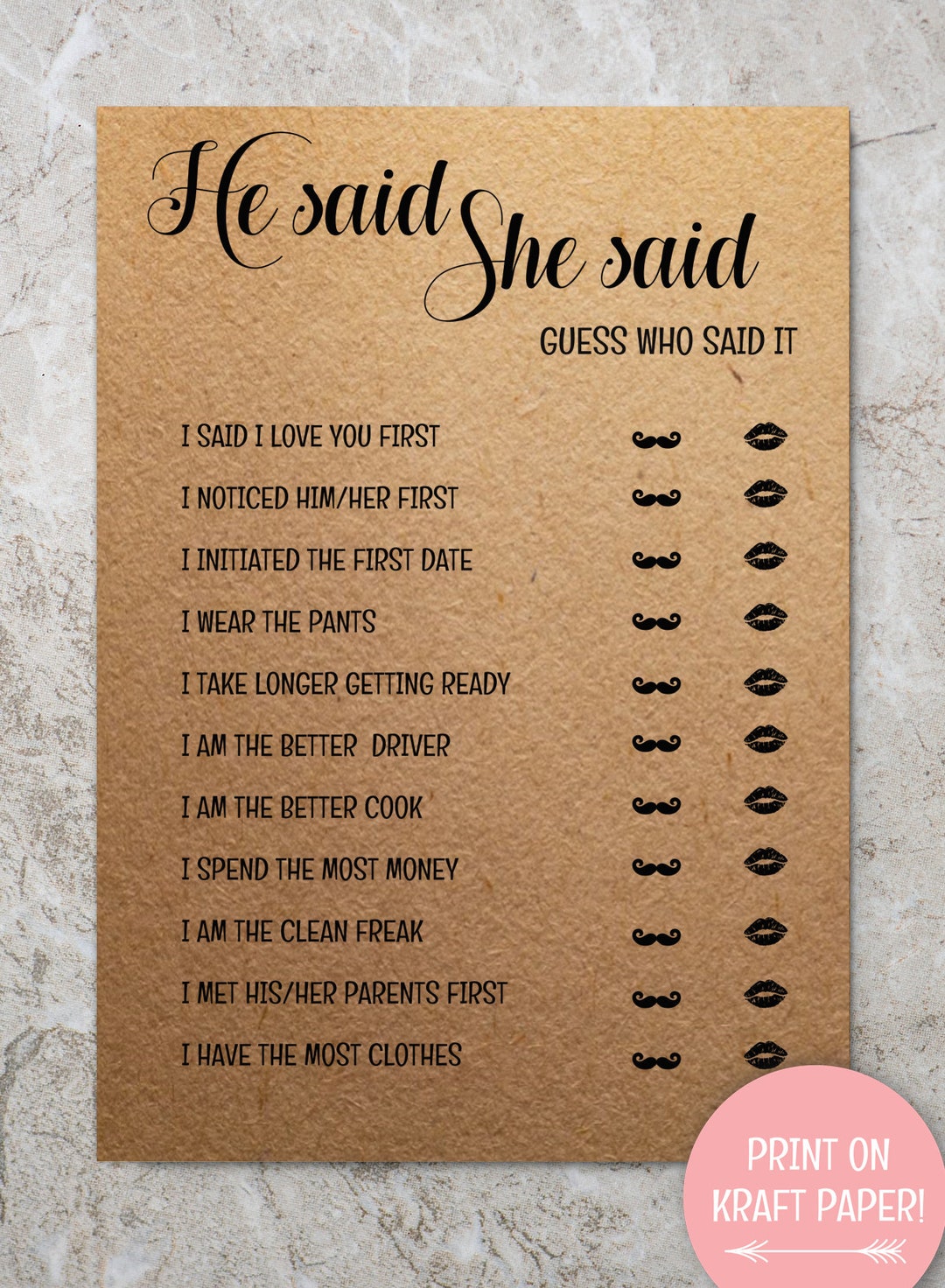 He Said She Said Bridal Shower Game, Who Said the Phrase Game, Bridal