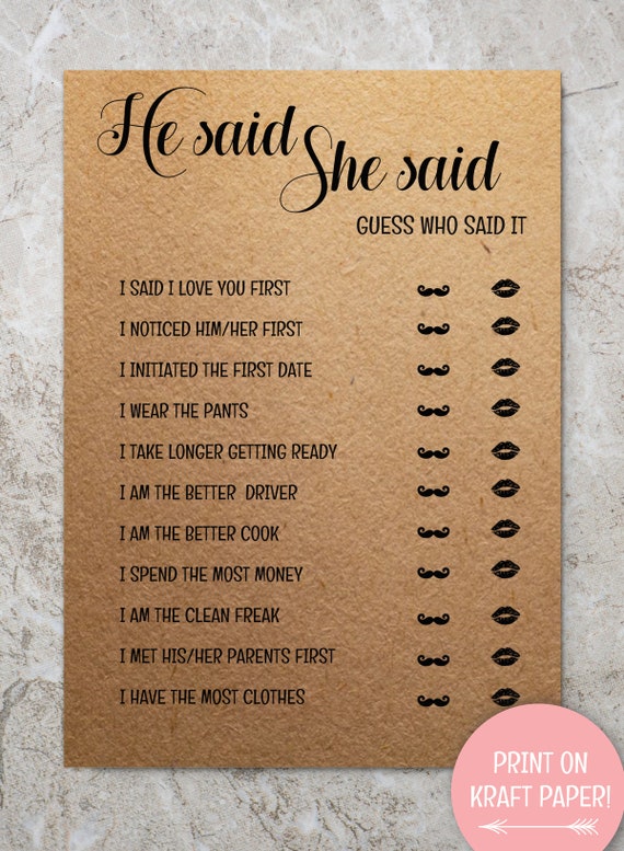 He Said She Said Bridal Shower game Who Said the Phrase Game Etsy