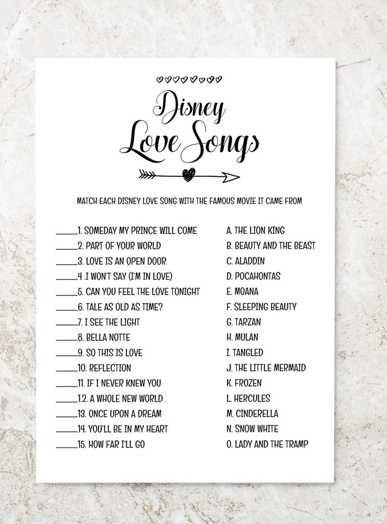 Disney Love Songs Bridal Shower Game Printable Rustic Games - Etsy