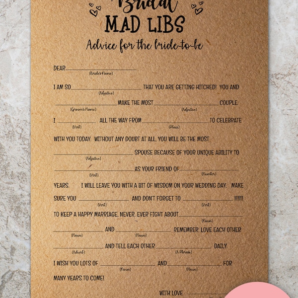 Mad Libs Wedding, Bridal Mad Libs, Bridal Shower, Bridal Shower Games, Printable, Madlibs, Rustic, Advice For Bride To Be, Instant Download