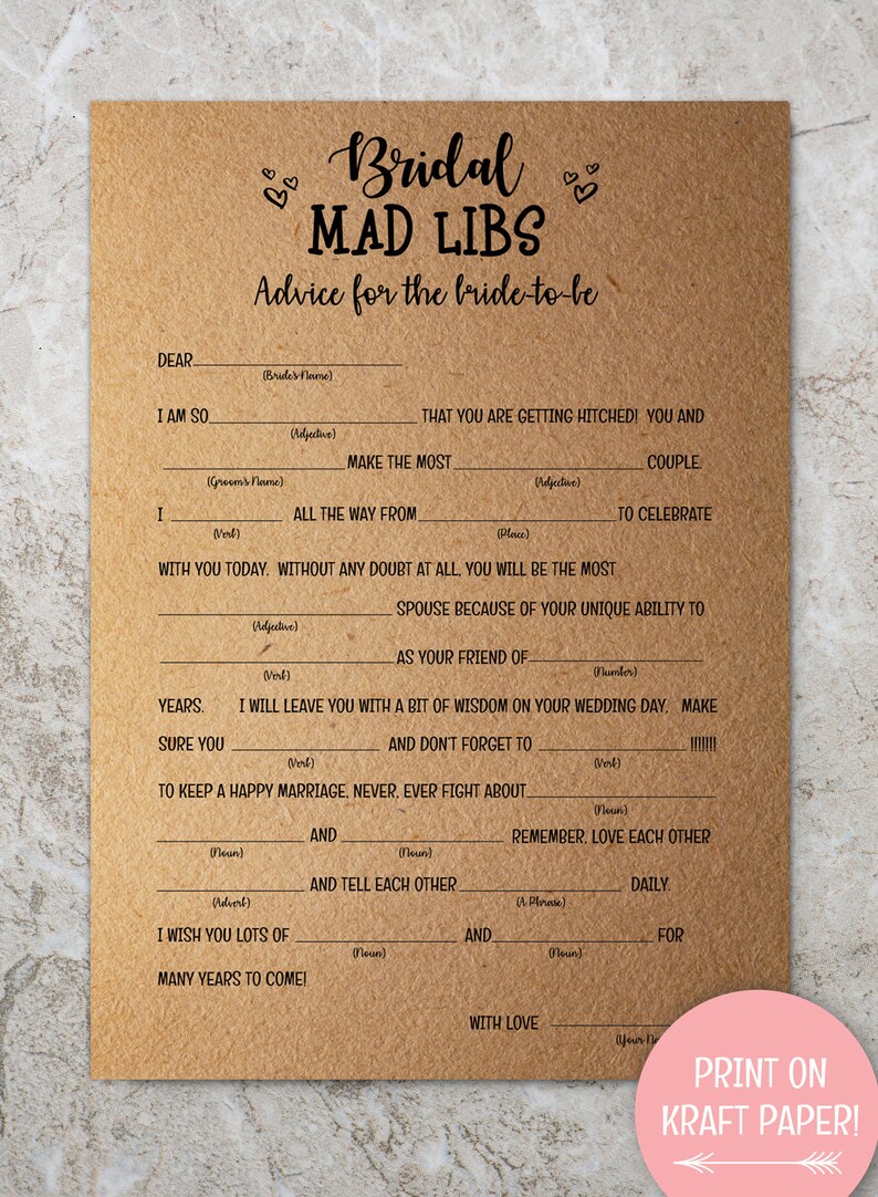Mad Libs Wedding, Bridal Mad Libs, Bridal Shower, Bridal Shower Games ...