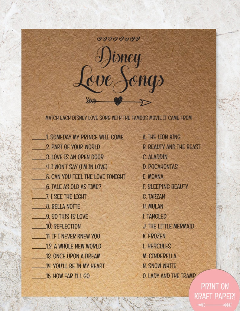 Disney Love Songs Bridal Shower Game Printable Rustic Games Etsy