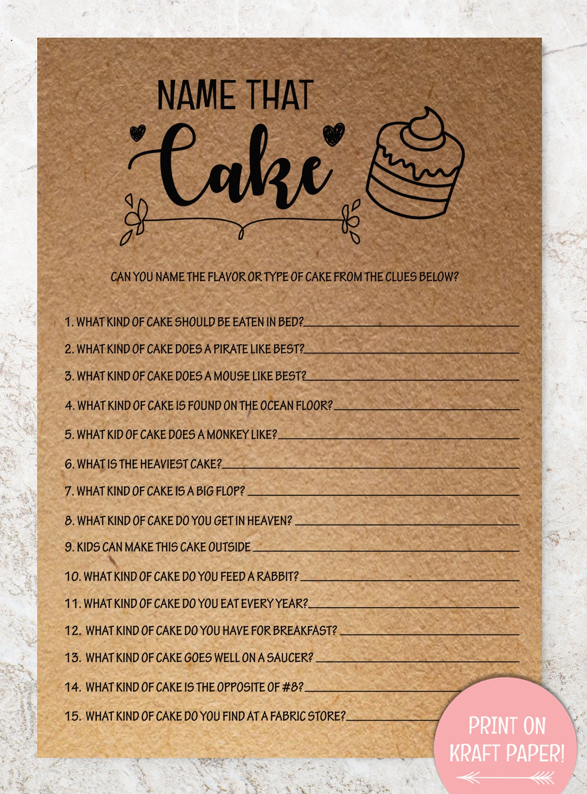 Name That Cake Bridal Shower Game Printable Rustic Games Etsy