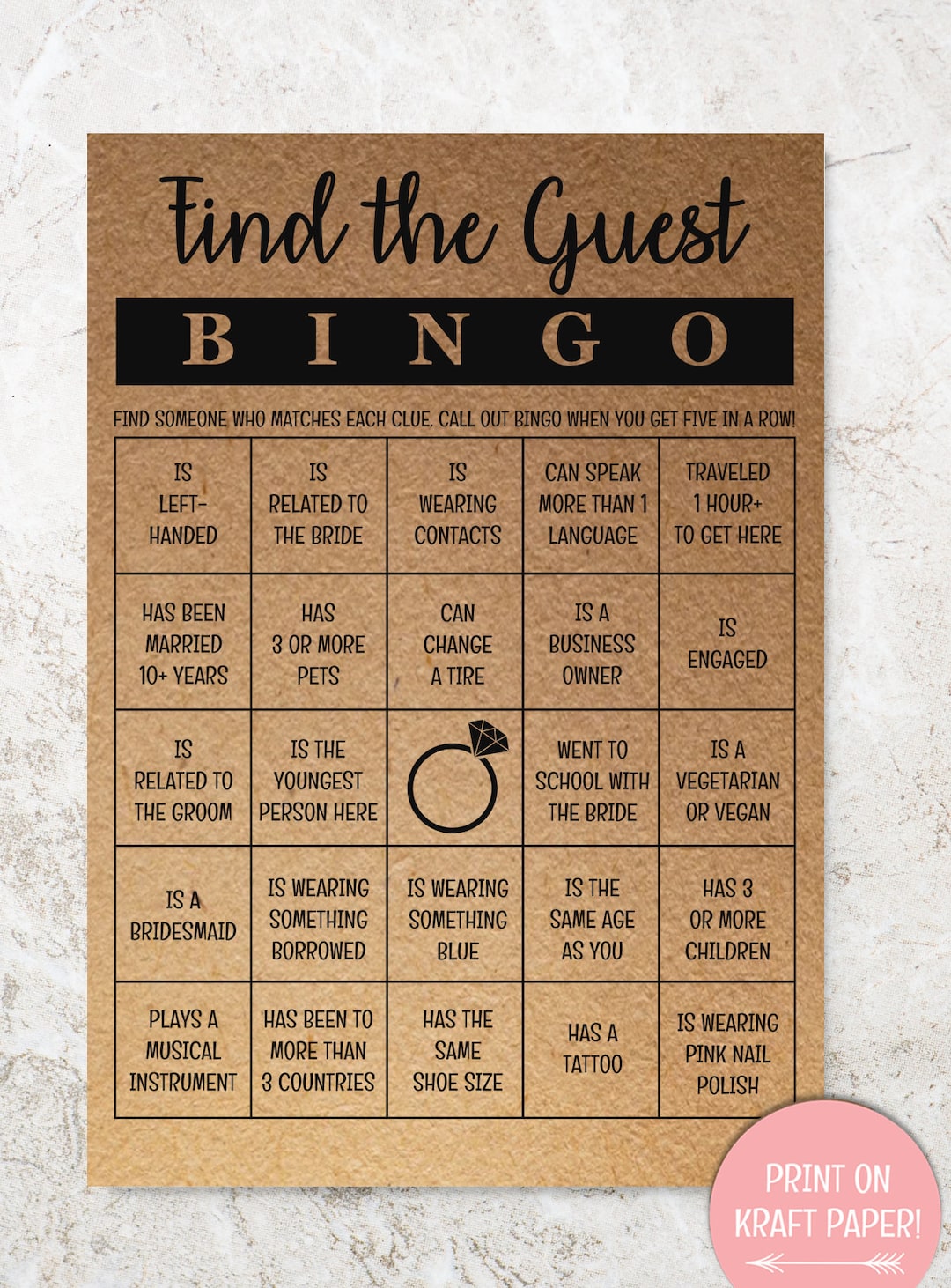 Find the Guest Bingo, Bridal Bingo, Bridal Shower Game, Wedding Game