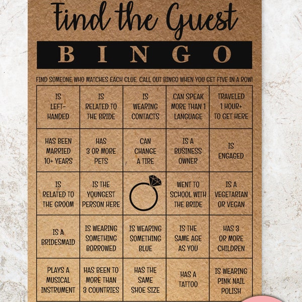 Find the guest Bingo, Bridal Bingo, Bridal Shower Game, Wedding Game, Shower Bingo, Rustic, Kraft, Instant Download PRINTABLE BRIDAL GAME