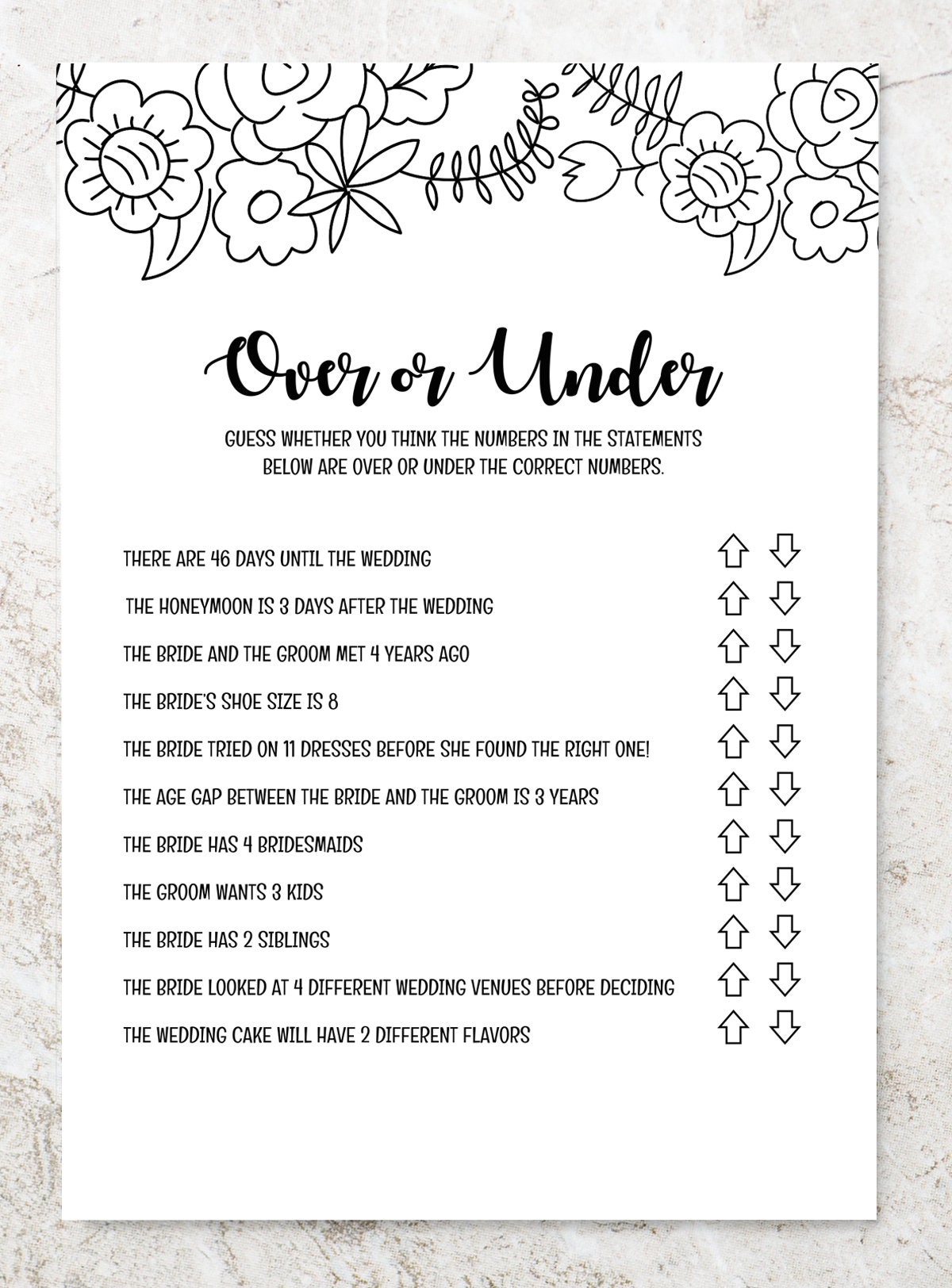 Over or Under, Bridal Shower Game, Printable Rustic Games, Bridal ...