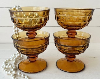 Vintage Set of 4 Amber Cubist Dessert Cups  // Yellow Small Glasses, Christmas Glasses, Amber Glassware, Gothic Goblet // Perfect Gift