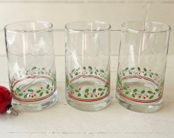 Vintage Holly Berry Christmas, Holiday Drinking Glasses, Set of 4 | Family Tradition, Santa Milk Glass, Tumblers, Highballs