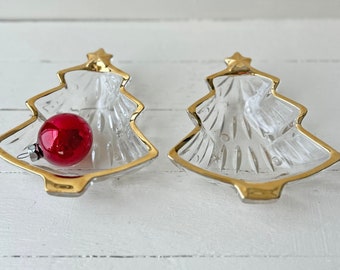 Vintage Lead Crystal Chirstmas Tree Trinket Dish With Gold Rim, Set of 2 // Christmas Tree Nut Dish, Candy Dish // Perfect Gift