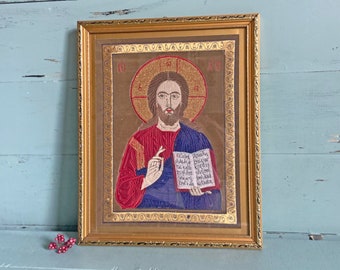 Vintage Embroidered Jesus Icon // Jesus Christ Lord Savior, Religious Art, Collector // Perfect Gift