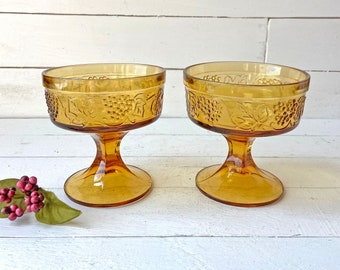 Vintage Amber Grape Vine Footed Dessert Cups, Set of 2 // Amber Cocktail Glasses, Vintage Glass Collector, Perfect Gift