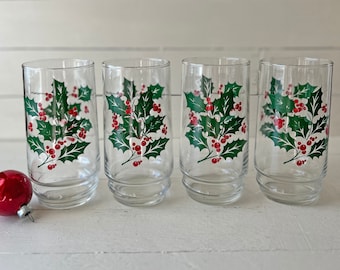 Vintage Holly Berry Christmas, Holiday Drinking Glasses, Set of 4 | Family Tradition, Santa Milk Glass, Tumblers, Highballs