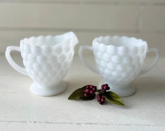 Vintage Anchor Hocking Milk Glass Bubble Sugar & Creamer // Mid Century Tea Set, Vintage Milk Glass // Perfect Gift