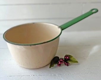 Vintage Small Enamelware Cream Pot With Green Trim And Handle // Vintage Saucepan For Cooking