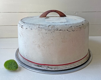 Vintage White  And Red Stripe Cake Tin, Primitive Cake Stand // Rustic, Farmhouse, Cottage Cake Tin, Box // Birthday Cake Tin // Gift