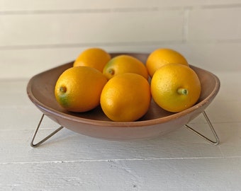 Vintage Midcentury Wood Bowl With Wire Stand // Fruit Bowl, Farmhouse, Boho Wood Tray, Cottage, Gift