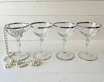 Vintage Chrome Rimmed Glasses, Set of 4 // Vintage Champagne And Wine Glasses