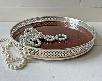 Vintage Formica Silver And Wood Grain Gallery Serving Tray, Dresser Tray // Reticulated Rim , Vanity Tray, French Cottage Tray // Gift