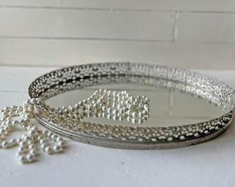 Vintage Gold Filigree Mirror Oval Tray With Felt Back // Floral Edging Tray For Perfume And Jewelry // Perfect Gift