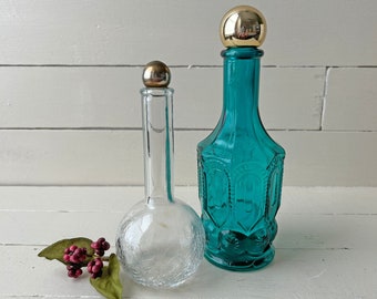Vintage Pair Of Perfume Bottles // Crackled Glass Bottle, Avon Breath Fresh Bottle Turquoise // Perfect Gift