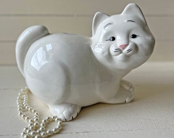 Vintage Ceramic White Cat Piggy Bank // Vintage Cat Knick Knack, Cat Lover Gift // Cat Collector, Perfect Gift