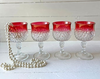 Vintage Indiana Ruby Flushed Diamond Point Cut Water Goblet And Wine Glasses // Vintage Indiana Glass // Perfect Gift