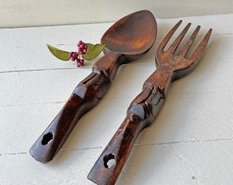 Vintage Small Wood Spoon And Fork, Retro Era 1970's Kitchen Decor | Rustic, Farmhouse, Cottage Chic, Midcentury, Boho Kitchen Wall Hanging