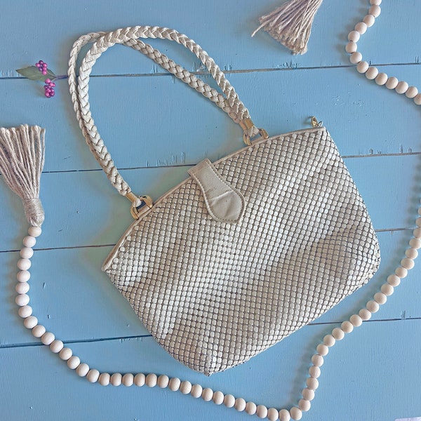 Vintage White Metal Mesh Bag With Braided Handle, Gold Accents | Cute Vintage Gift, Retro Purse Collector, Off White Purse, Birthday Gift