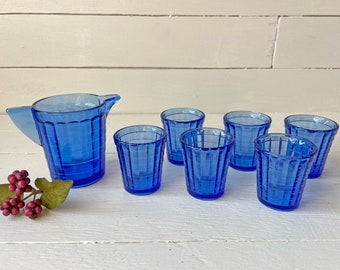 Vintage Anchor Hocking Cobalt Mini Pitcher With Little Glasses, Shot Glasses // Blue Tea Set, Blue Shot Glasses // Perfect Gift