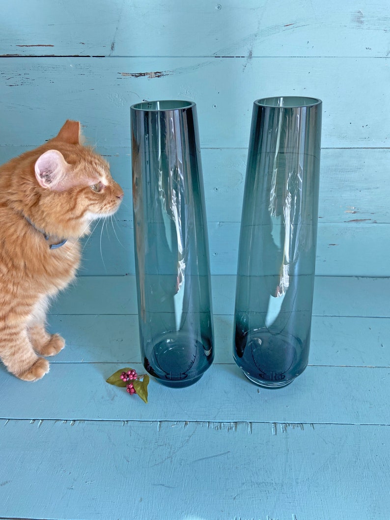 Vintage Large MCM Glass Smoky Black-Purple Vase, Set of 2 // Art Deco Barware, Black Glass Decor, Hand Blown Artisan Vase // Perfect Gift image 6