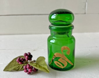 Vintage Emerald Green & Gold Glass Bubble Top Apothecary Jar, Made In Belgium // Green Japanese, Green Chinese Jar // Perfect Gift