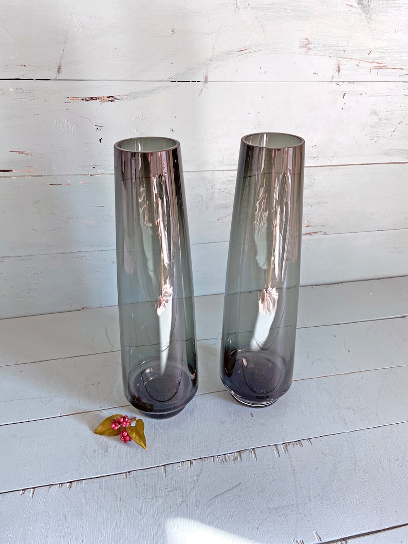 Vintage Large MCM Glass Smoky Black-Purple Vase, Set of 2 // Art Deco Barware, Black Glass Decor, Hand Blown Artisan Vase // Perfect Gift image 1