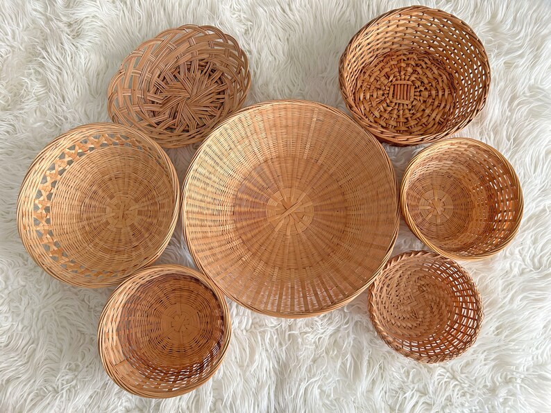 Vintage Set of 7 Wall Basket Large,Wall Coverings // Boho, Shabby Chic, Rustic Basket, Collage, Rattan Wall Baskets // Rustic Wall Baskets image 1