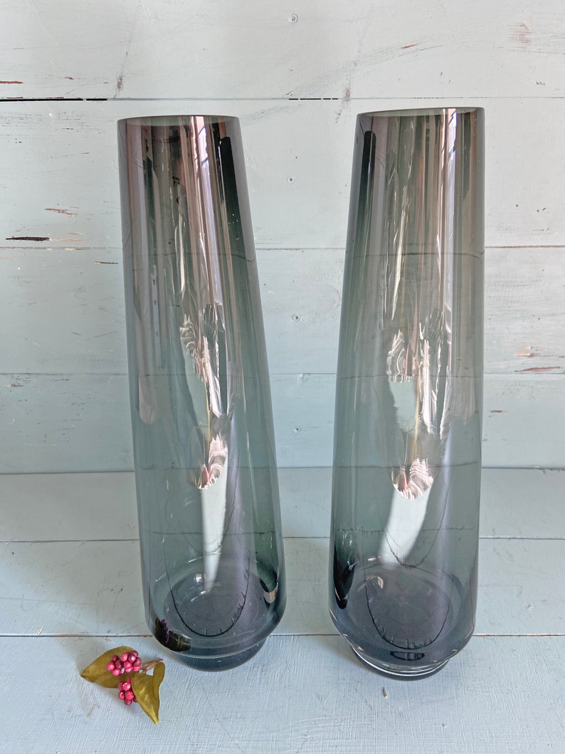 Vintage Large MCM Glass Smoky Black-Purple Vase, Set of 2 // Art Deco Barware, Black Glass Decor, Hand Blown Artisan Vase // Perfect Gift image 5