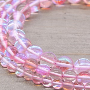 Pink Moonstone beads, Smooth Holographic Round Beads, Mystic Aura Quartz Beads, Glass Beads, 6mm, 8mm,10mm,full strand 15.5inch #109