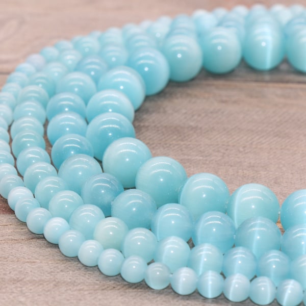 Light Ocean Blue Cat Eye beads, Light blue round smooth gemstones,6mm, 8mm,10mm,12mm full strand 15.5inch #214