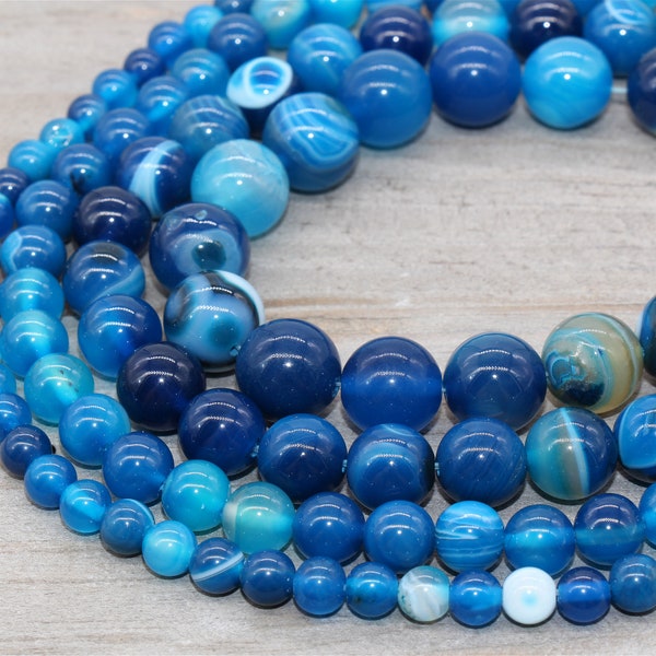 Natual Blue stripe agate beads, blue round smooth gemstones,6mm, 8mm,10mm,12mm full strand 15.5inch, banded agate beads#13