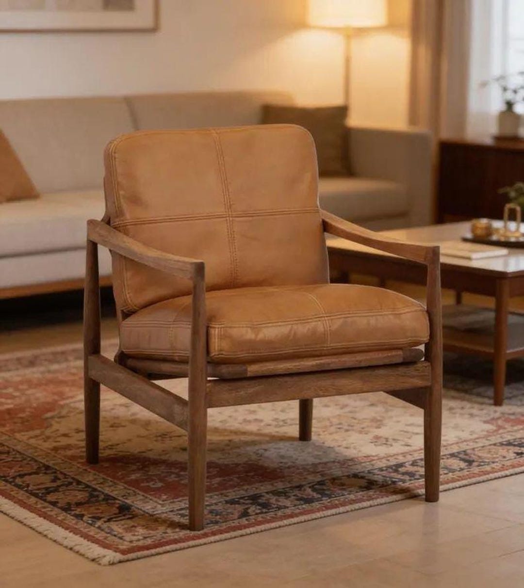 Solid Oak Wood Mid Century Modern Accent Armchair, Handmade Genuine ...