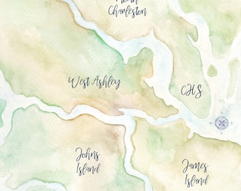 West Ashley SC Watercolor Map