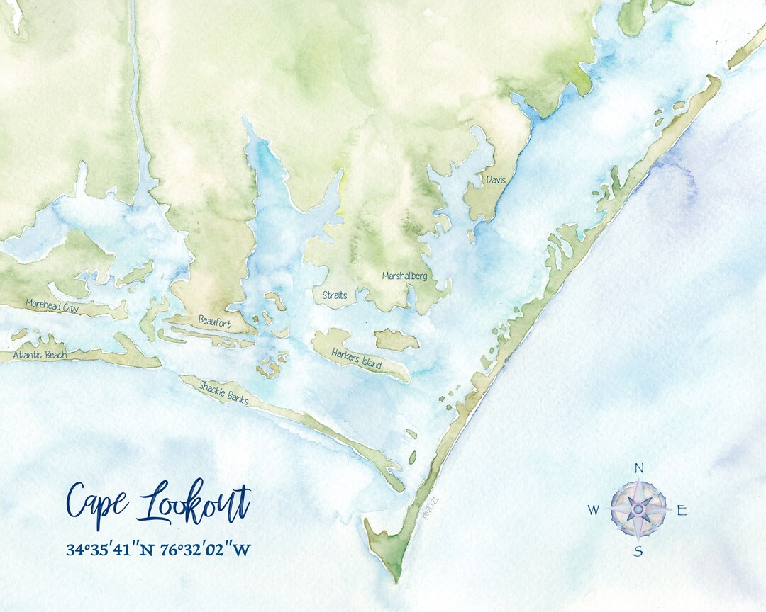 Cape Lookout NC Watercolor Map 8x10 - Etsy