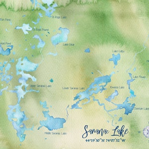 May include: A watercolor map of the Saranac Lake region in New York State, showing the location of various lakes and ponds, including Upper Saranac Lake, Lower Saranac Lake, Middle Saranac Lake, Lake Colby, Lake Flower, Kiwassa Lake, Oseetan Lake, St. Regis Lake, St. Regis Pond, Fish Pond, Hod Pond, and Mouse Pond. The map also includes the coordinates 44°19′30″N 74°07′52″W.