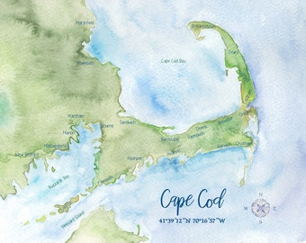 May include: A watercolor map of Cape Cod, Massachusetts, with the names of towns and cities labeled. The map includes the Cape Cod Bay, Buzzards Bay, and Vineyard Sound. The coordinates for Cape Cod are 41°39′12″N 70°16'57"W.
