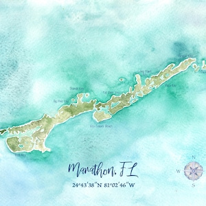 May include: Watercolor map of Marathon, Florida, featuring the keys in shades of green and brown against a turquoise and blue background. The text "Marathon, FL" is written in a cursive font, with coordinates below. A compass rose is in the lower right corner.