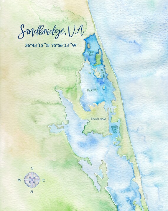 Map Of Sandbridge Va Sandbridge Va Watercolor Map 8X10 | Etsy