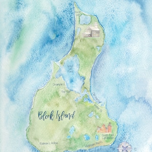 May include: A watercolor illustration of Block Island, Rhode Island, with various landmarks labeled, including Great Salt Pond, Champlin's, The Oar, North Light, Old Harbor, Water St, South East Lighthouse, Rodman's Hollow, and Mohegan Bluffs. The coordinates 41°09′40″N 71°35'11"W are also included.