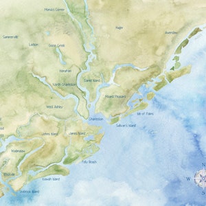 Charleston Area to Summerville Watercolor Map