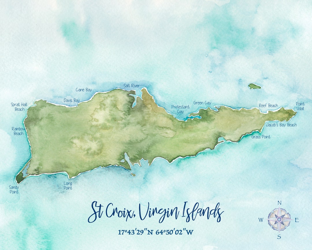 St Croix Virgin Island Watercolor Map 8x10 Etsy