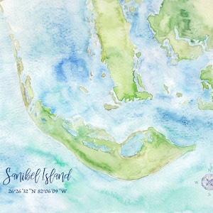 May include: A watercolor painting of Sanibel Island, Florida. The island is shown in shades of green and blue, with a compass rose in the lower right corner. The text "Sanibel Island" and the coordinates "26°26′32″N 82°06'09"W" are also included.