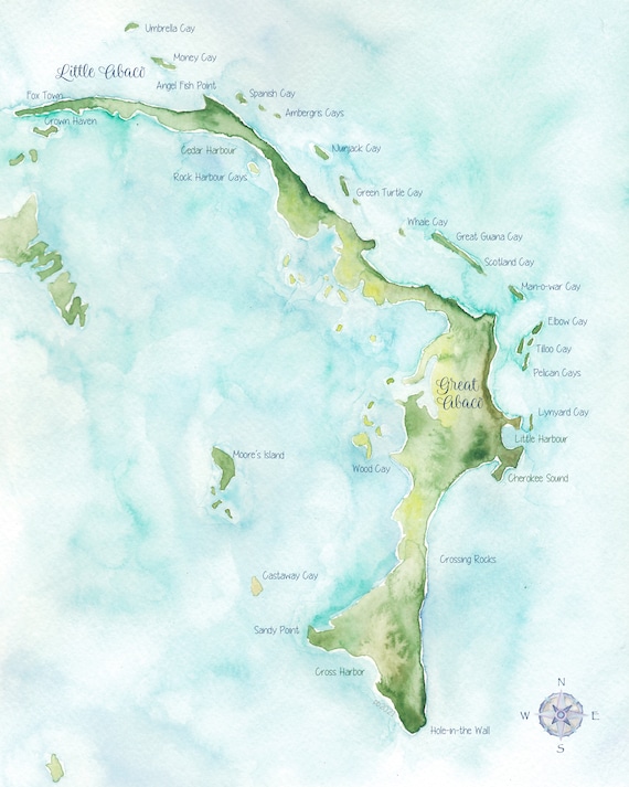 Abacos Bahamas Watercolor Map | Etsy